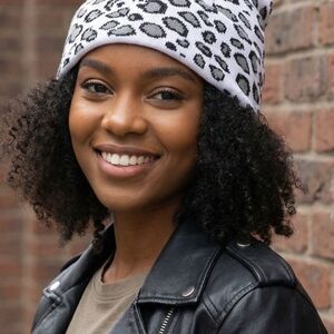 Leopard Print Beanie White Grey